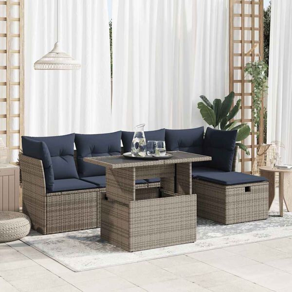 vidaXL 6-tlg. Garten-Sofagarnitur mit Kissen Grau Poly Rattan Akazie