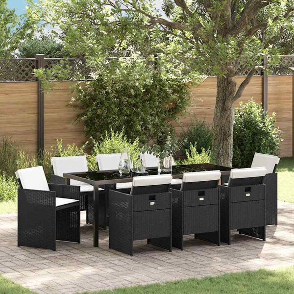 vidaXL Garten Essgruppe mit Kissen 9 pcs Schwarz Poly-Rattan