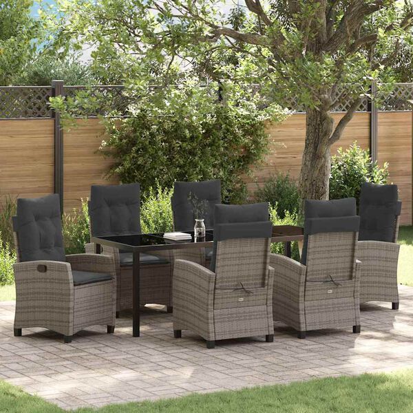 vidaXL Garten Essgruppe mit Kissen 7 pcs Grau Poly-Rattan
