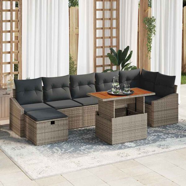vidaXL Garten-Sofa-Set mit Kissen mit Speicher 8 pcs Grau Poly Rattan