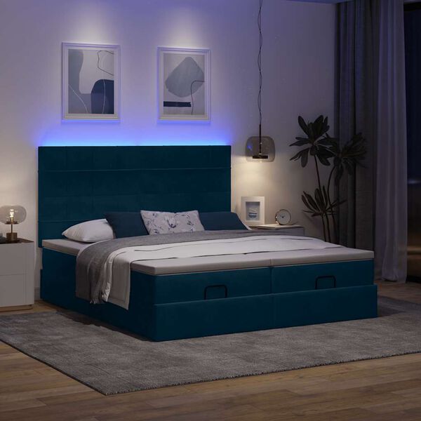 vidaXL Ottoman-Bett mit Matratzen & LEDs Dunkelblau 180x200 cm Samt