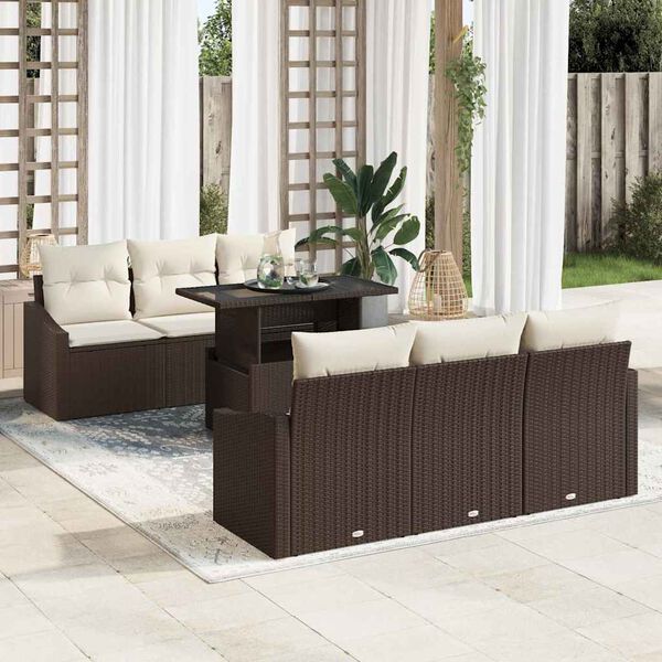 vidaXL Garten-Sofa-Set mit Kissen 7 pcs Braun und Creme Poly-Rattan