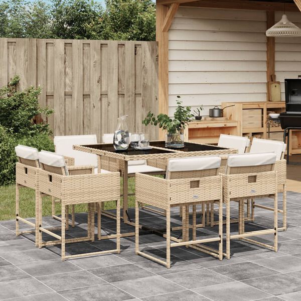 vidaXL 9-tlg. Garten-Essgruppe mit Kissen Beige Poly Rattan