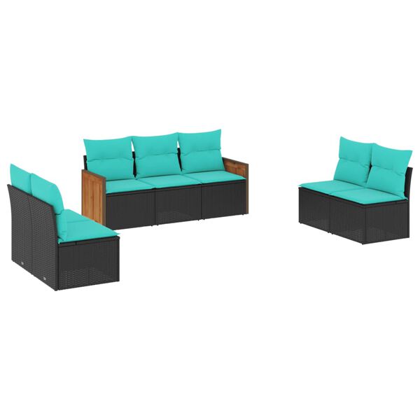 vidaXL 7-teiliges Gartensofa-Set mit Kissen, schwarzes Polyrattan