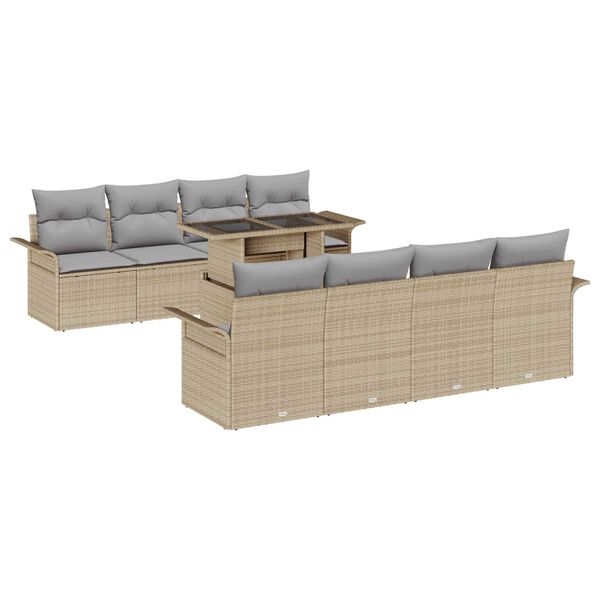 vidaXL Garten-Sofa-Set mit Kissen mit Speicher 9 pcs Beige Poly Rattan
