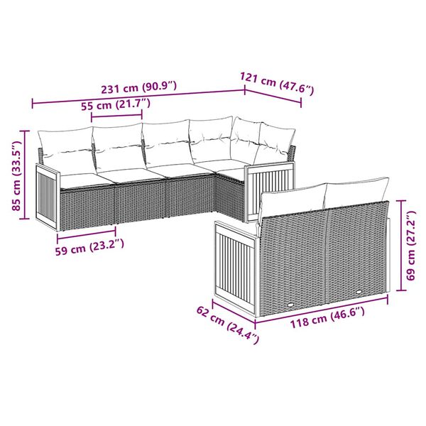 vidaXL 7-tlg. Garten-Sofagarnitur mit Kissen Schwarz Poly Rattan