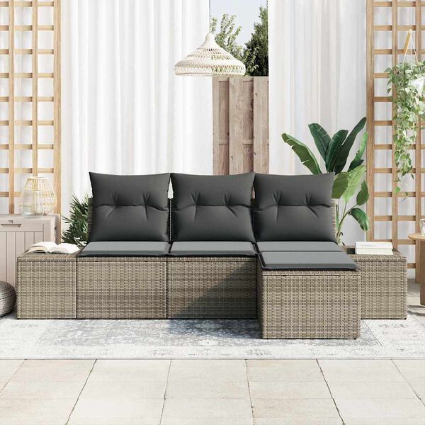 vidaXL Garten-Sofa-Set mit Kissen mit Speicher 4 pcs Grau Poly-Rattan