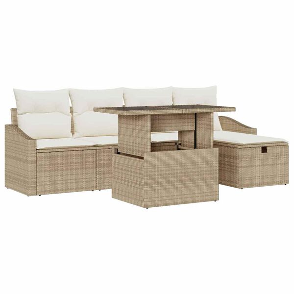 vidaXL Garten-Sofa-Set mit Kissen mit Speicher 6 pcs Beige Poly Rattan