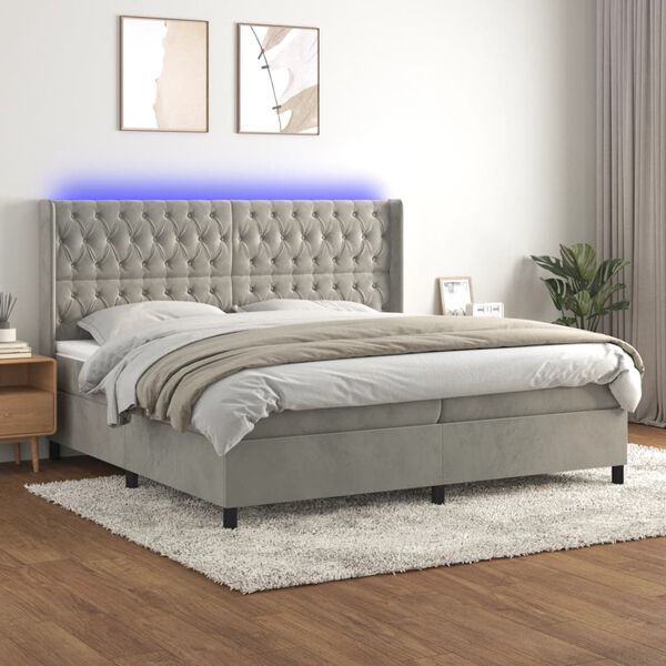 vidaXL Boxspringbett mit Matratze & LED Hellgrau 200x200 cm Samt