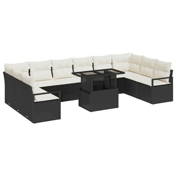 vidaXL Garten-Sofa-Set mit Kissen 11 pcs Schwarz und Creme Poly-Rattan