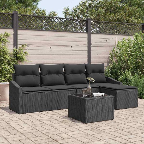 vidaXL Sofa Set mit Kissen 6 pcs Schwarz Poly-Rattan