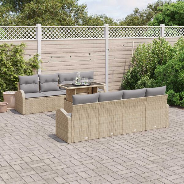 vidaXL Gartensofa-set mit Kissen mit Speicher 9 pcs Beige Poly Rattan