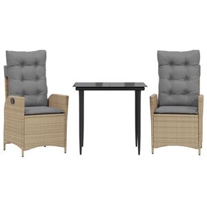 vidaXL 3-tlg. Garten-Essgruppe mit Kissen Beige Poly Rattan
