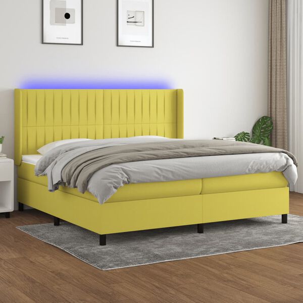 vidaXL Boxspringbett mit Matratze & LED Gr&uuml;n 200x200 cm Stoff