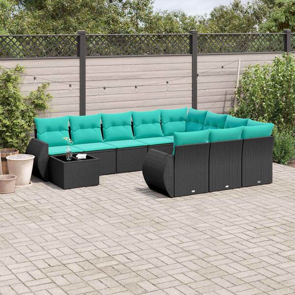vidaXL 11-teiliges Gartensofa-Set mit Kissen, schwarzes Polyrattan