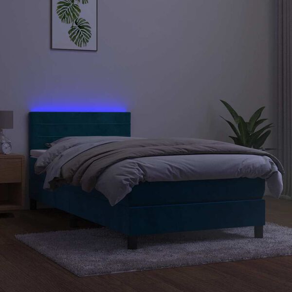 vidaXL Boxspringbett mit Matratze & LED Dunkelblau 100x200 cm Samt