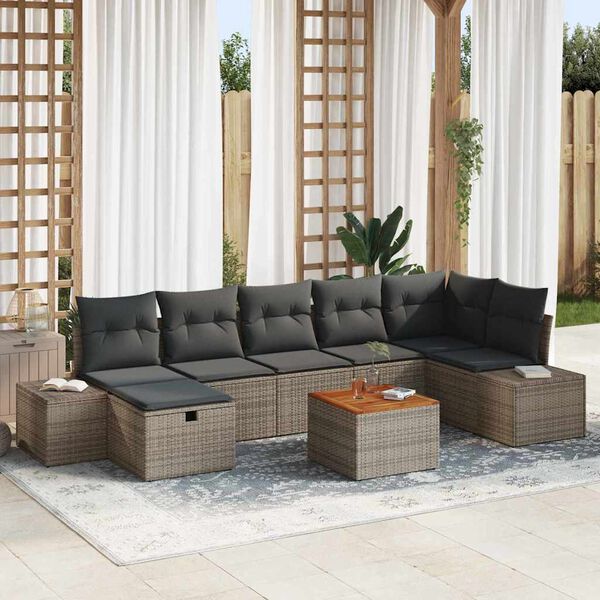 vidaXL Garten-Sofa-Set mit Kissen mit Speicher 8 pcs Grau Poly Rattan