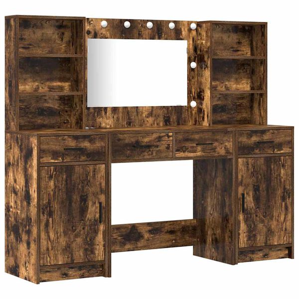 vidaXL Schminktischset mit LED 3 pcs Ger&auml;ucherte Eiche Holzwerkstoff