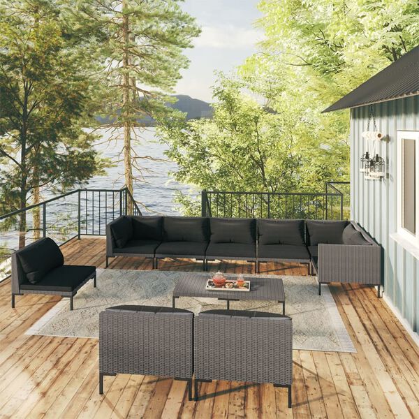 vidaXL 10-tlg. Garten-Lounge-Set mit Kissen Poly Rattan Dunkelgrau