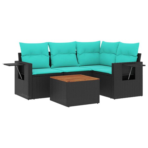 vidaXL 5-teiliges Gartensofa-Set mit Kissen, schwarzes Polyrattan