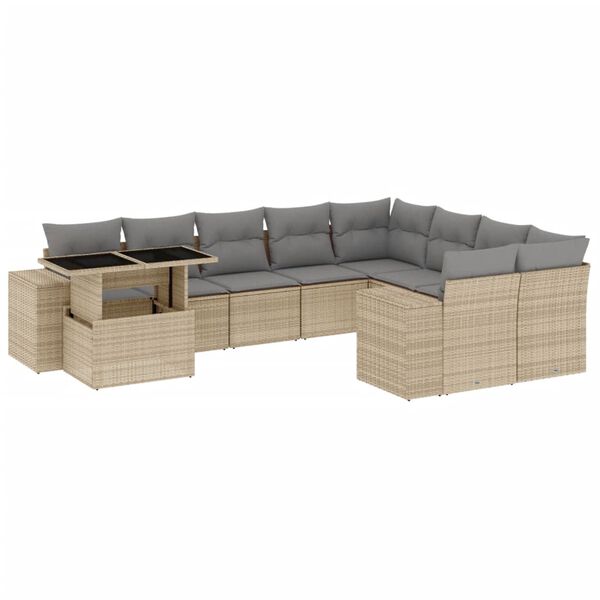 vidaXL 10-tlg. Garten-Sofagarnitur mit Kissen Beige Poly Rattan