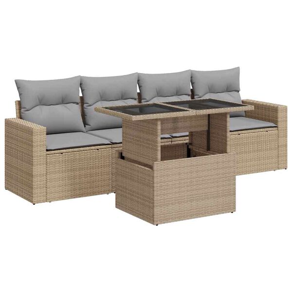 vidaXL 5-tlg. Garten-Sofagarnitur mit Kissen Beige Poly Rattan