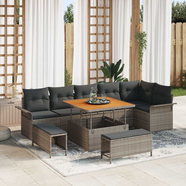 vidaXL Gartensofa-set mit Kissen 9 pcs Grau Poly-Rattan