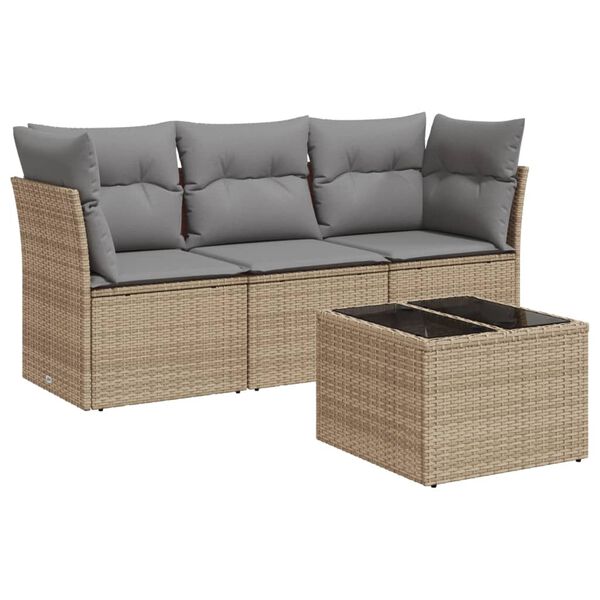 vidaXL 4-tlg. Garten-Sofagarnitur mit Kissen Beige Poly Rattan