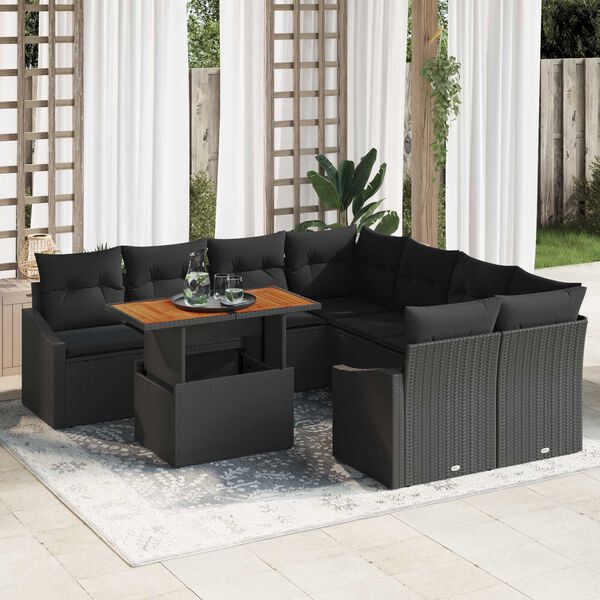 vidaXL Garten-Sofa-Set mit Speicher 9 pcs Schwarz Poly Rattan