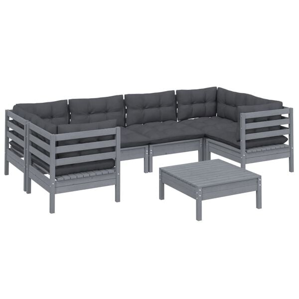 vidaXL 7-tlg. Garten-Lounge-Set mit Kissen Grau Kiefernholz
