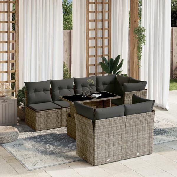 vidaXL 8-tlg. Garten-Sofagarnitur mit Kissen Grau Poly Rattan