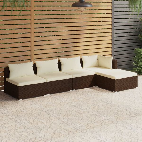 vidaXL 5-tlg. Garten-Lounge-Set mit Kissen Poly Rattan Braun