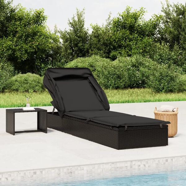 vidaXL Sonnenliege mit Faltdach Schwarz 213x63x97 cm Poly Rattan