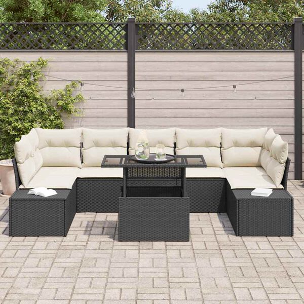 vidaXL Sofa Set mit Kissen 8 pcs Schwarz und Creme Poly-Rattan