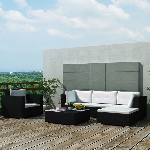 vidaXL 6-tlg. Garten-Lounge-Set mit Auflagen Poly Rattan Schwarz