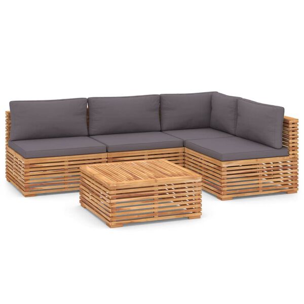 vidaXL 5-tlg. Garten-Lounge-Set mit Kissen Dunkelgrau Massivholz Teak