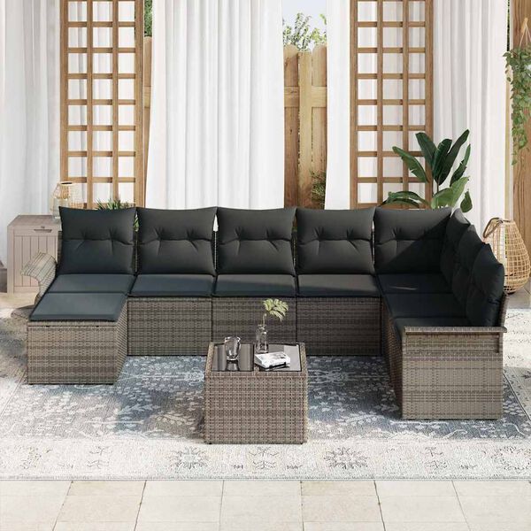 vidaXL Garten-Sofa-Set mit Kissen 9 pcs Grau Poly Rattan