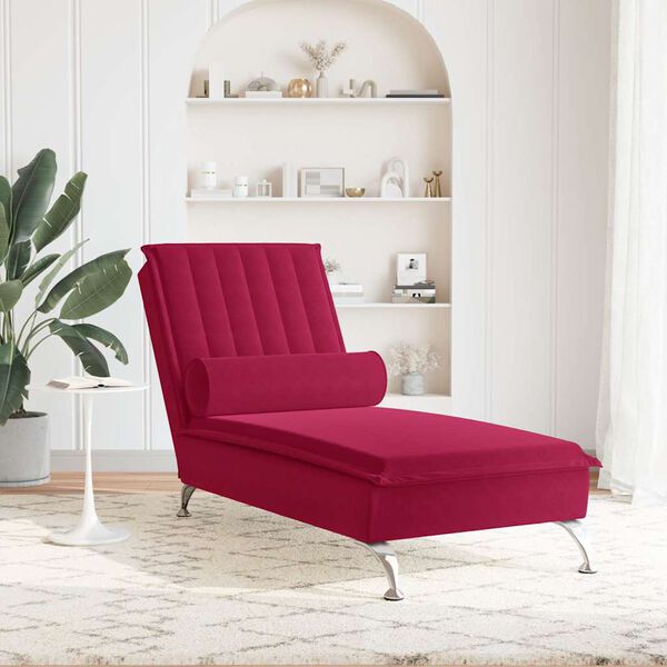vidaXL Massage-Chaiselongue mit Nackenrolle Weinrot Samt