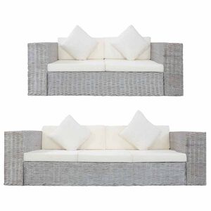 vidaXL 2-tlg. Sofagarnitur mit Auflagen Grau Natur Rattan