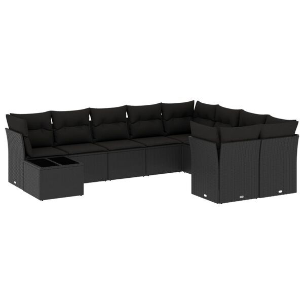vidaXL 10-tlg. Garten-Sofagarnitur mit Kissen Schwarz Poly Rattan