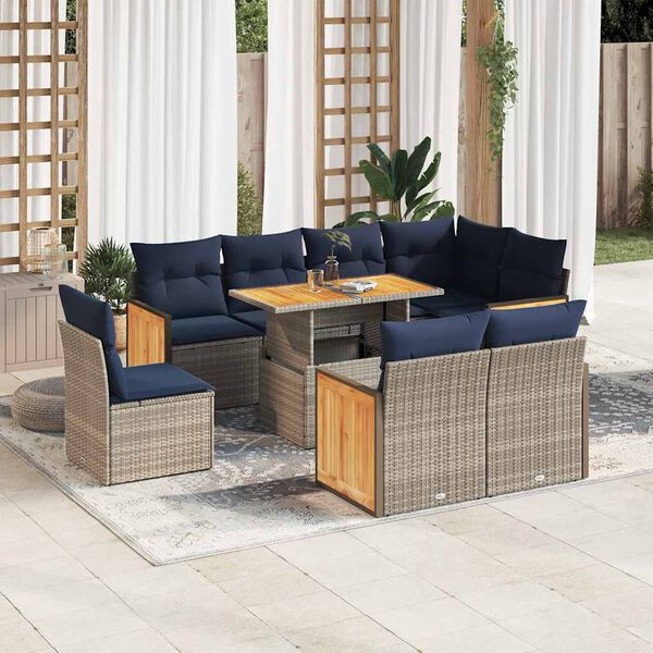 vidaXL 9-tlg. Garten-Sofagarnitur mit Kissen Grau Poly Rattan Akazie