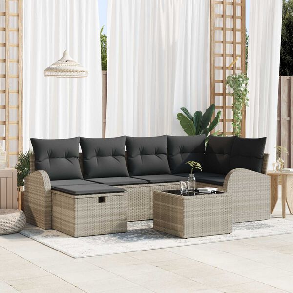vidaXL Sofa Set mit Kissen mit Speicher 7 pcs Hellgrau Poly-Rattan