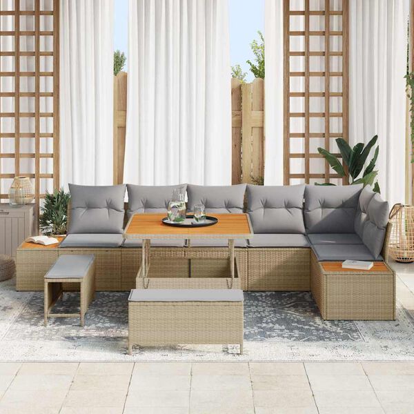 vidaXL Gartensofa-set mit Kissen mit Speicher 9 pcs Beige Poly Rattan