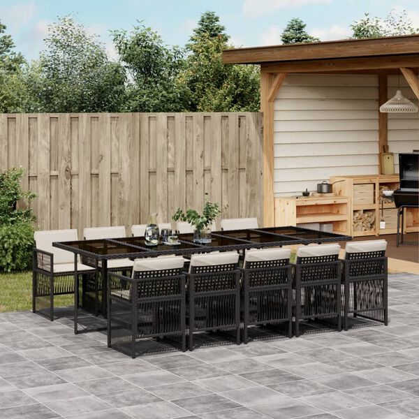 vidaXL 11-tlg. Garten-Essgruppe mit Kissen Schwarz Poly Rattan