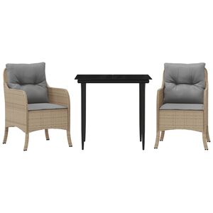 vidaXL 3-tlg. Garten-Essgruppe mit Kissen Beige Poly Rattan