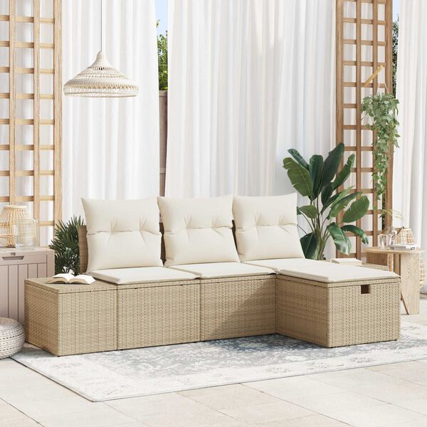 vidaXL Garten-Sofa-Set mit Kissen 4 pcs Beige Poly Rattan