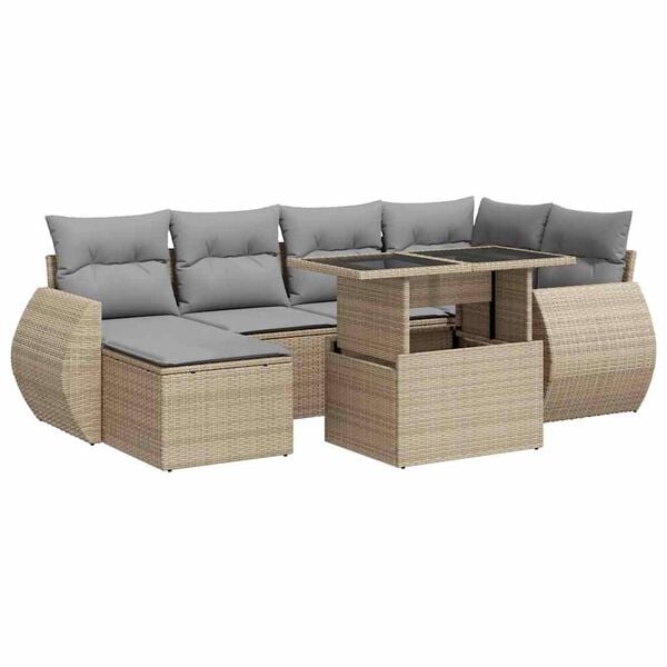 vidaXL 7-tlg. Garten-Sofagarnitur mit Kissen Beige Poly Rattan
