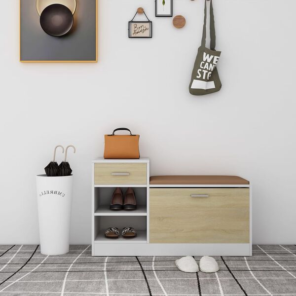 vidaXL Schuhbank Weiß und Sonoma-Eiche 94,5x31x57 cm Holzwerkstoff
