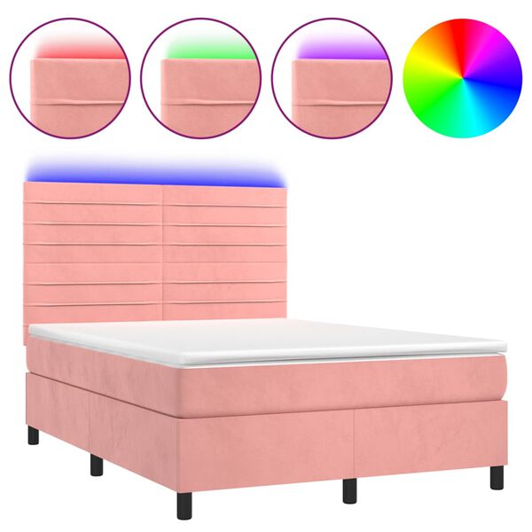 vidaXL Boxspringbett mit Matratze & LED Rosa 140x190 cm Samt
