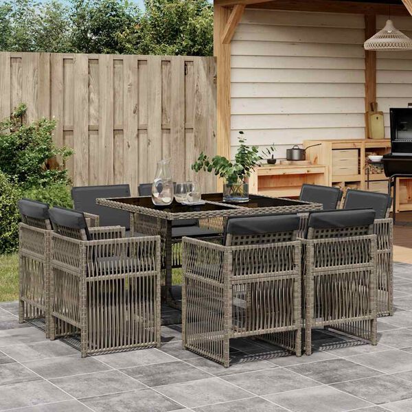 vidaXL 9-tlg. Garten-Essgruppe mit Kissen Grau Poly Rattan
